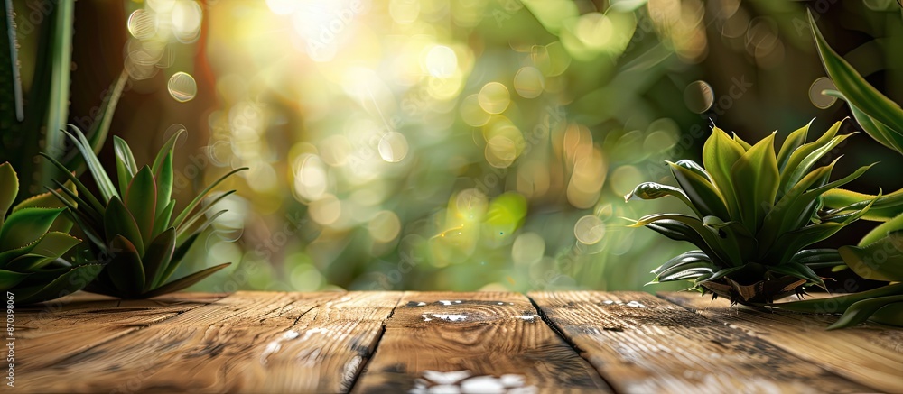 Fototapete a wooden table with redbird cactus leaves on top, creating a bokeh effect, ideal for product display
