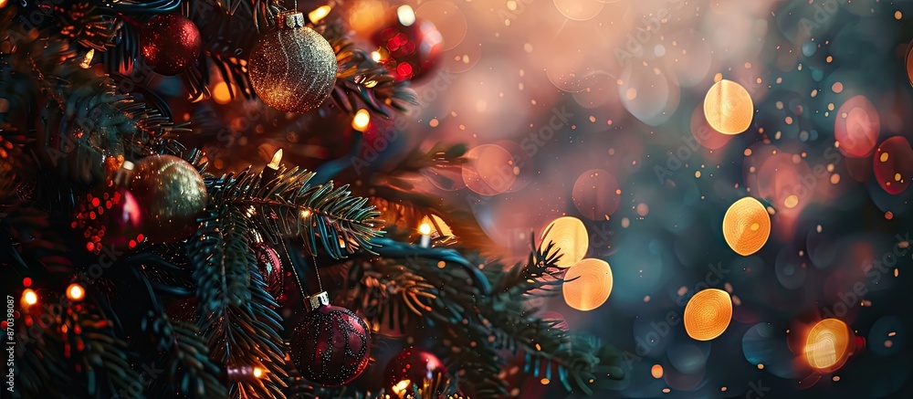 Fototapete A close-up image featuring a Christmas tree adorned with balls, set against a blurred backdrop of bokeh garlands, creating a festive New Year concept with copy space image.