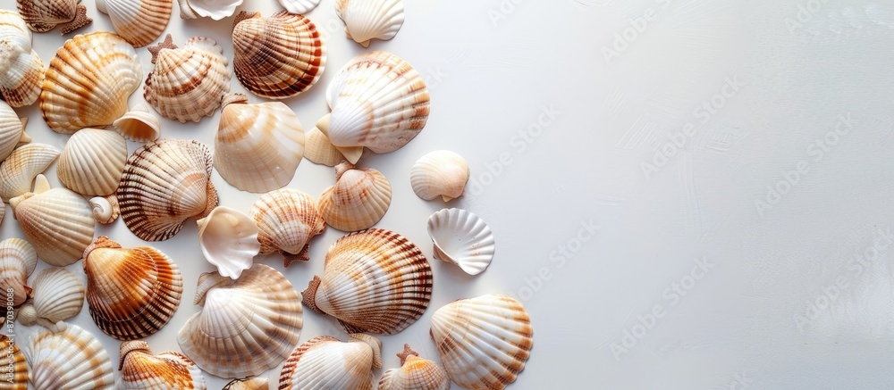 Aufkleber close-up of numerous seashells on a white backdrop, with ample copy space image.