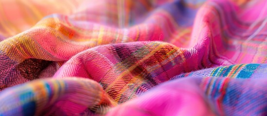 Obraz premium Close-up fashionable multicolored plaid tweed fabric with a pink clothes background, suitable for text placement in the copy space image.
