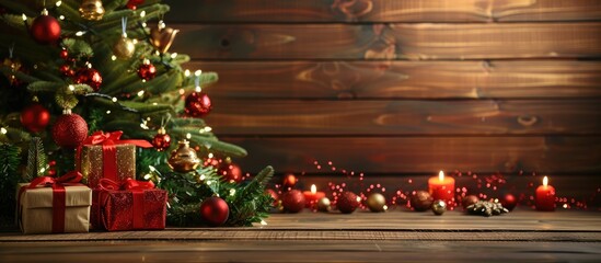 Home decoration with Christmas gift boxes and a Christmas tree beautifully arranged on a wooden table, creating a festive atmosphere. Copy space image available.