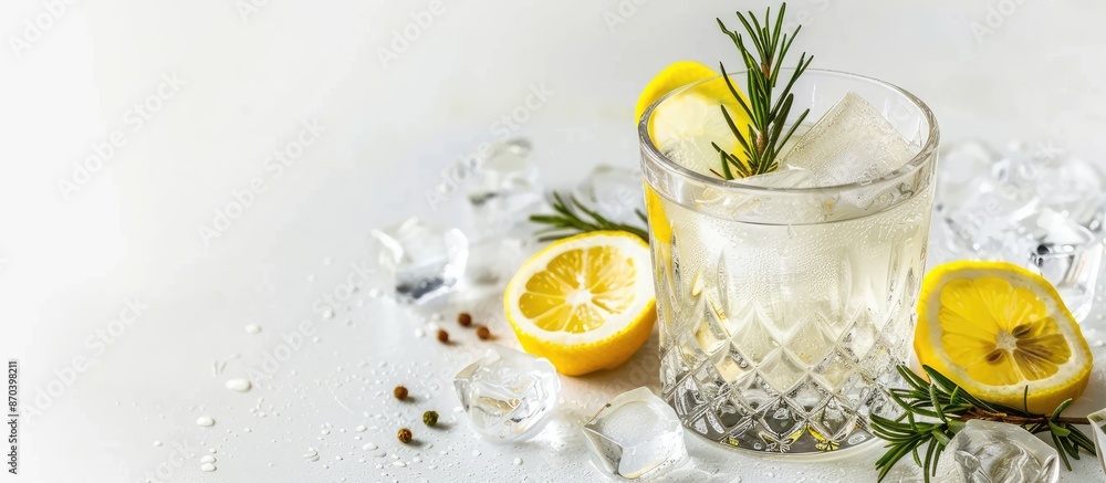 Poster Gin cocktail garnished with lemon slices and juniper sprig on a white background. Ideal for adding your message, with copy space image.