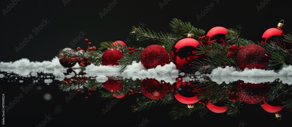 Poster Copy space image of festive red Christmas tree ornaments and green fir branches with red balls, set against a black background with snow and reflection.