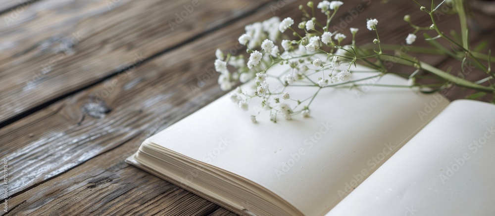 Aufkleber close-up view of a notebook placed on a wooden table with a sprig of gypsophila flowers, ready for n