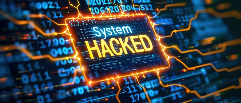 Cyberspace or internet safety banner design in the style of digital tech blue hologram light pattern with padlock icon on black backdrop.