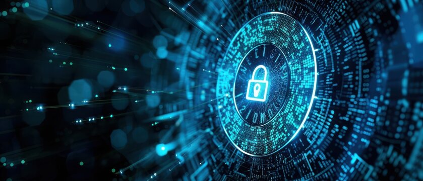 Cyberspace or internet safety banner design in the style of digital tech blue hologram light pattern with padlock icon on black backdrop.