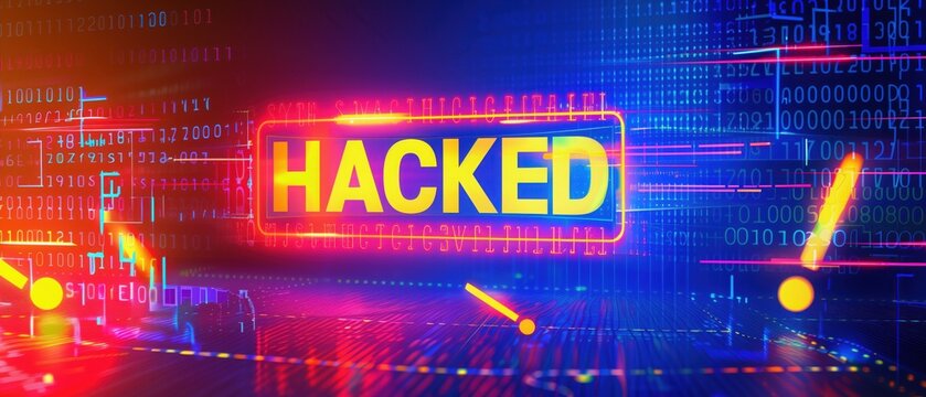 Cyberspace or internet safety banner design in the style of digital tech blue hologram light pattern with padlock icon on black backdrop.