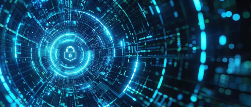 Cyberspace or internet safety banner design in the style of digital tech blue hologram light pattern with padlock icon on black backdrop.