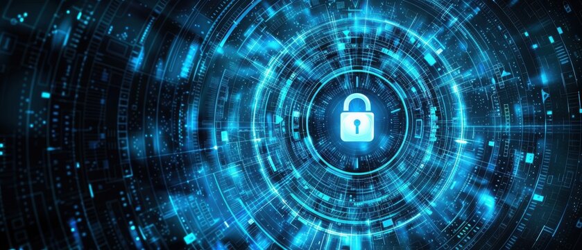 Cyberspace or internet safety banner design in the style of digital tech blue hologram light pattern with padlock icon on black backdrop.