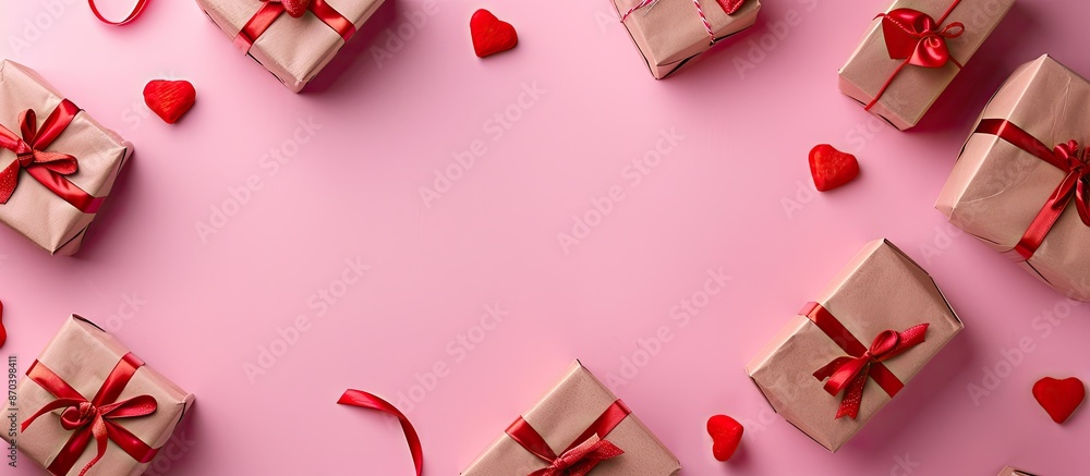 Poster pink background with gift boxes featuring red hearts and room for text in the image. copy space avai