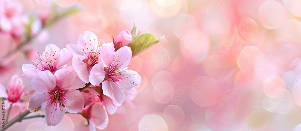 Poster pink peach blossom displayed against a blurred background, providing ample copy space for an image.