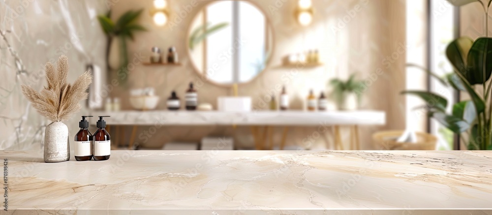 Poster a bare marble table background with a blurry bathroom interior for displaying products in a montage 