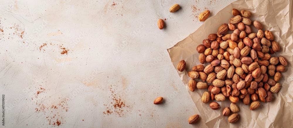 Poster Image with spiced peanuts for roasting on baking paper with copy space image.