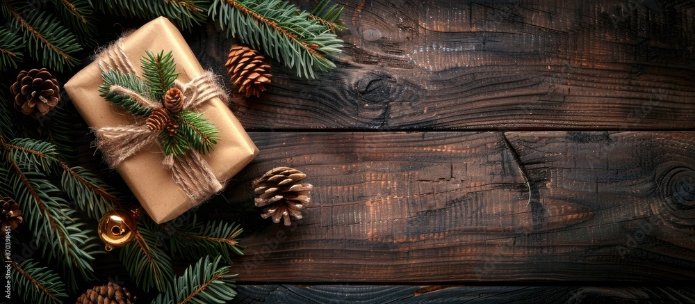 Wall mural beautifully adorned christmas gift on a dark wooden backdrop with pine cones and spruce branches for