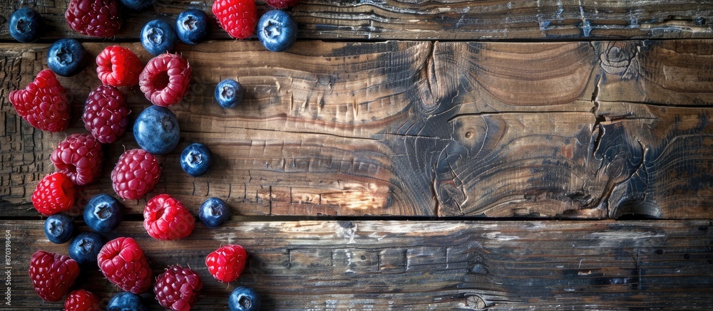 Poster Top-down view of raspberries and blueberries on a rustic wooden backdrop, perfect for text placement in a copy space image.