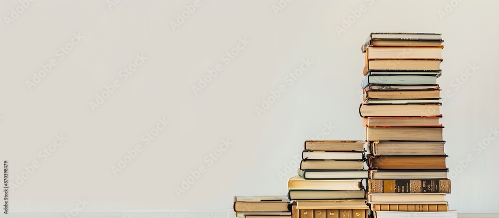Poster books stacked neatly against a white background showcasing copy space image.