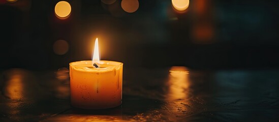 Enlarged image of a candle burning in the dark symbolizing grief and mourning, with copy space for text.
