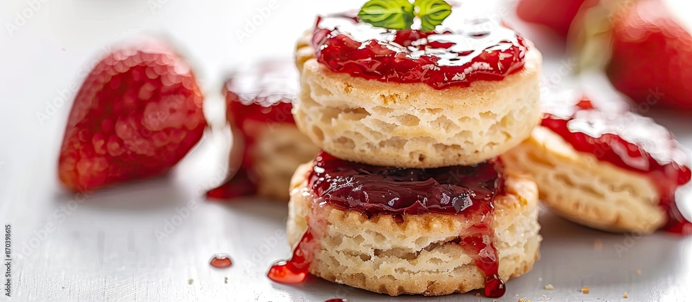Poster partially consumed strawberry jam-topped biscuits shown in a copy space image.