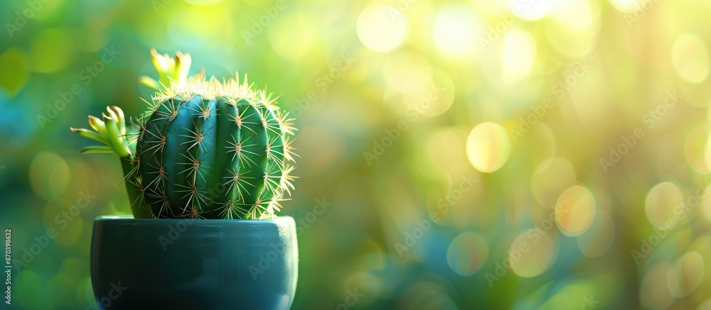Poster cactus in a pot on a blurred tree background, suitable for educational or business wallpapers, empha