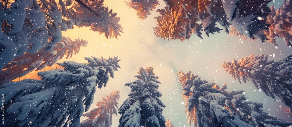 Poster scenic winter forest scene with snow-covered alpine trees viewed from below against a soft orange-li