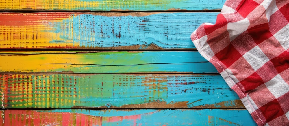 Poster Checkered tablecloth set on a colorful wooden table background in a top-down view, with copy space image.