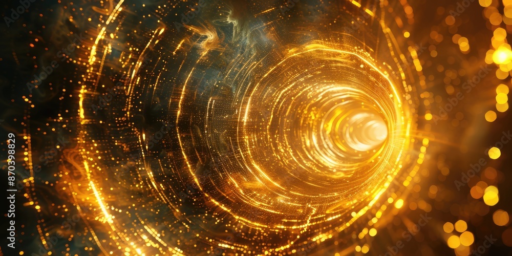 Poster a golden tunnel with a lot of sparkles. the tunnel is very long and it seems to be a part of a movie
