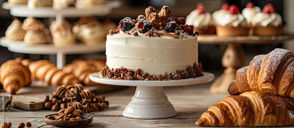 Poster a delectable cake is displayed on a table alongside freshly baked croissants, creating an inviting c