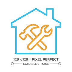 Repair and maintenance two color line icon. Building restoration. Renovation service. Hammer and wrench bicolor outline symbol. Duotone linear pictogram. Isolated illustration. Editable stroke