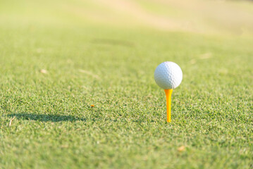 Close-up of golf ball on grass golf course and sunrise background.