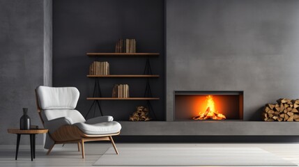 Contemporary scandinavian living room with fireplace seating and concrete wall shelving