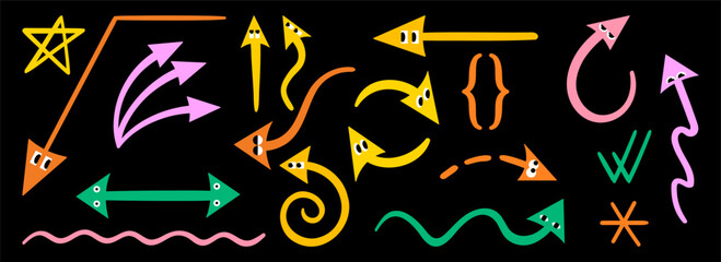 Hand drawn doodles of bright colors arrows on a dark background