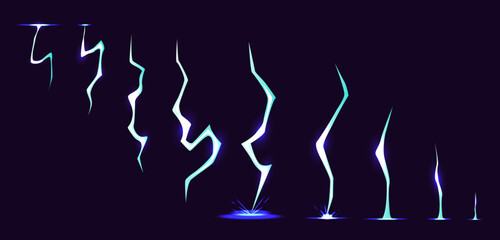 Lightning animation frames. Cartoon thunderbolts sequences. Flashlight hit movie. Natural phenomena with sparks effect. Thunderstorm glow. Electricity impact. Vector thunder flashes set
