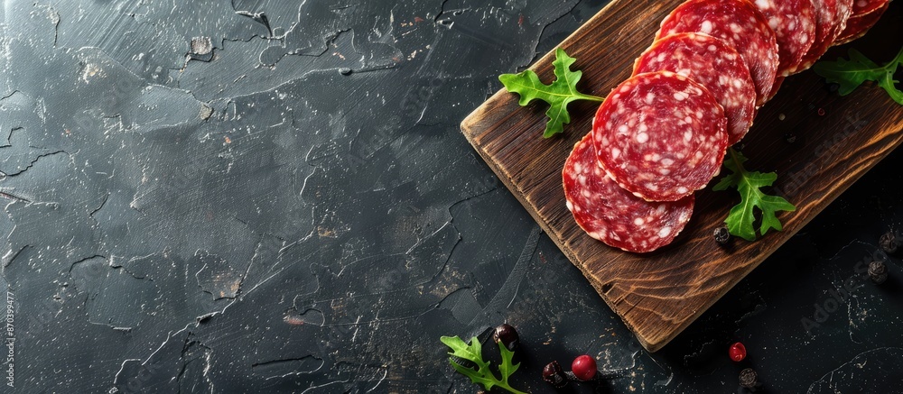 Poster sliced traditional salami on a cutting board, captured from above on a dark slate table with ample c