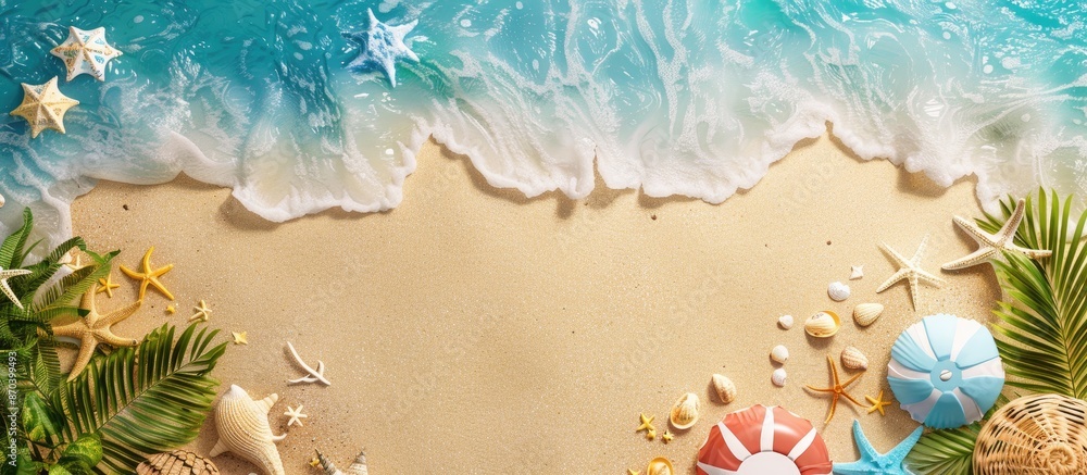 Poster a bird's-eye view of a sandy beach showcasing summer items with empty space for adding text or image