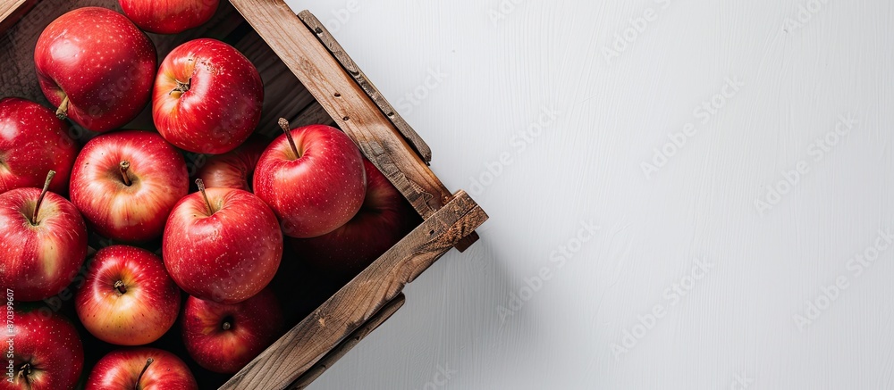 Aufkleber top-down view of red apples in a wooden crate with a white backdrop, offering space for additional i