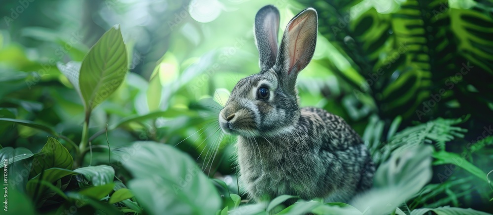 Poster a rabbit in lush surroundings with a grey hue, providing a pleasing sight in a natural habitat, suit