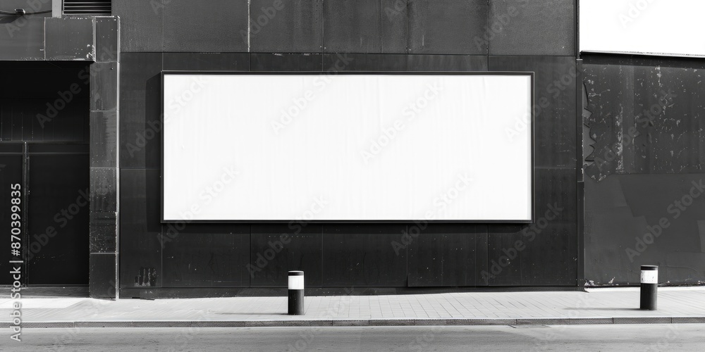Poster a large white billboard is on the side of a building. the billboard is empty and has no writing on i