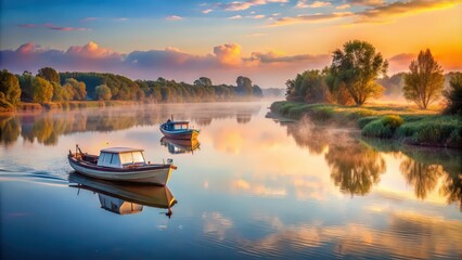Two boats drifting along the river in the morning light in Ukraine , river, morning, Ukraine, boats, nature, calm