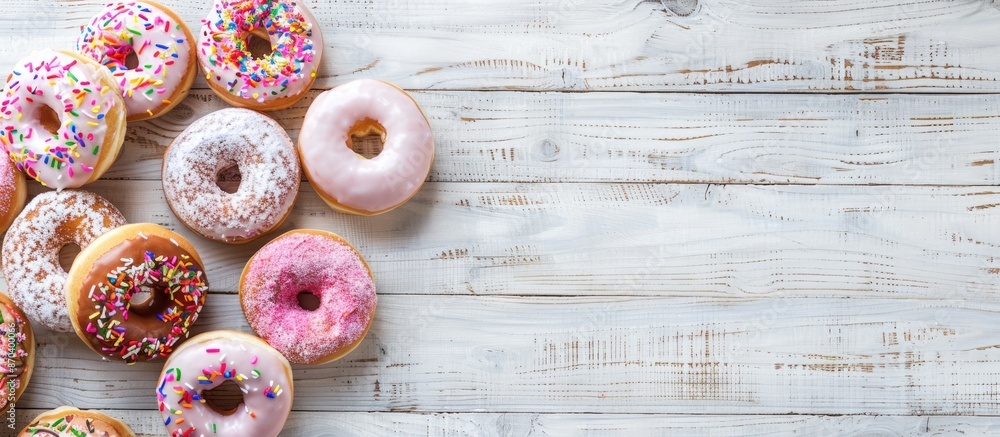Poster donuts displayed on a white wooden surface with a clear area for additional images (copy space image