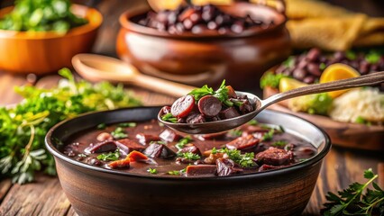 Traditional Brazilian feijoada dish in a ladle with a blurred background, Brazilian food, feijoada, traditional, pork, beans