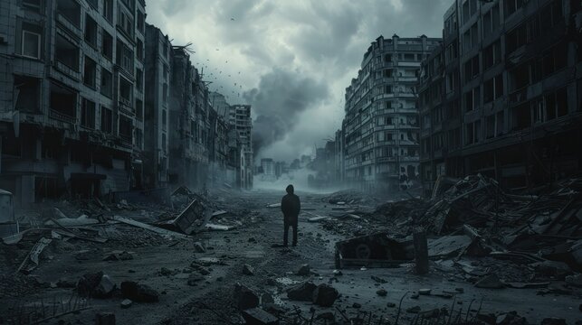 A solitary figure stands amidst the ruins of a devastated urban landscape, with smoke billowing and abandoned buildings on either side.