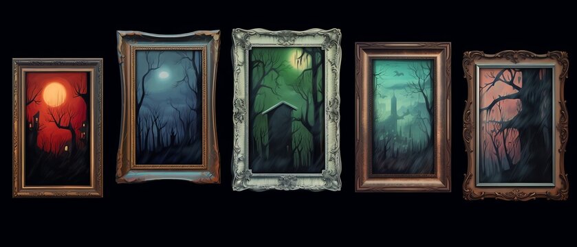 Collection of eerie and dark art paintings in different frames depicting haunted forest scenes with moons.