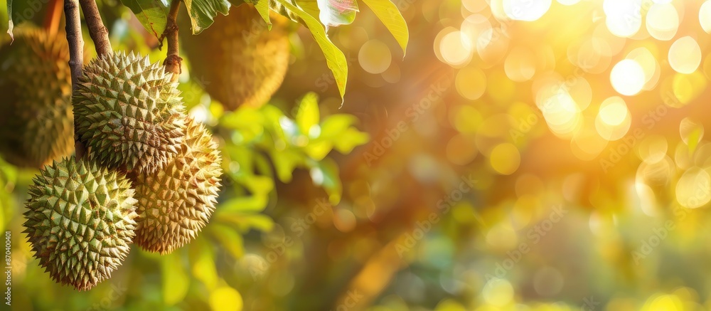 Poster durian hanging from a tree in the garden with copy space image.