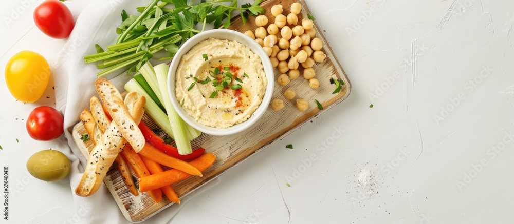Poster flat lay of a wooden board displaying tasty hummus, grissini sticks, and crisp vegetables on a white