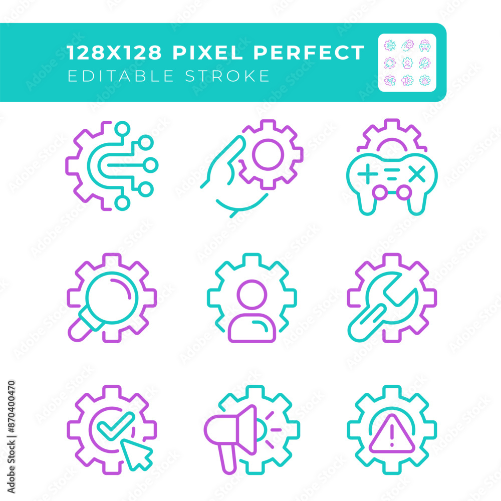 Poster gears two color line icons set. account personalization and configurations. digital system settings 