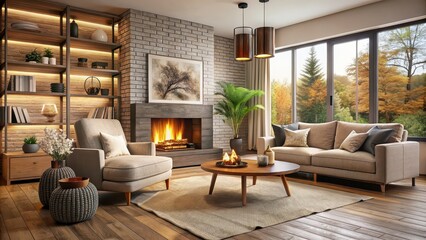Fototapeta premium Cozy living room with a fireplace and comfortable seating, interior, room, cozy, living, fireplace, comfortable, seating, home