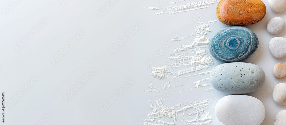 Poster spa stones and soap arranged neatly on a pristine white backdrop with copy space image.