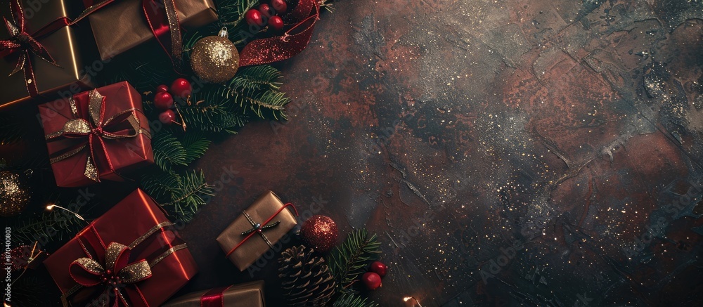 Poster textural background with christmas gifts creating a composition and copy space image available.