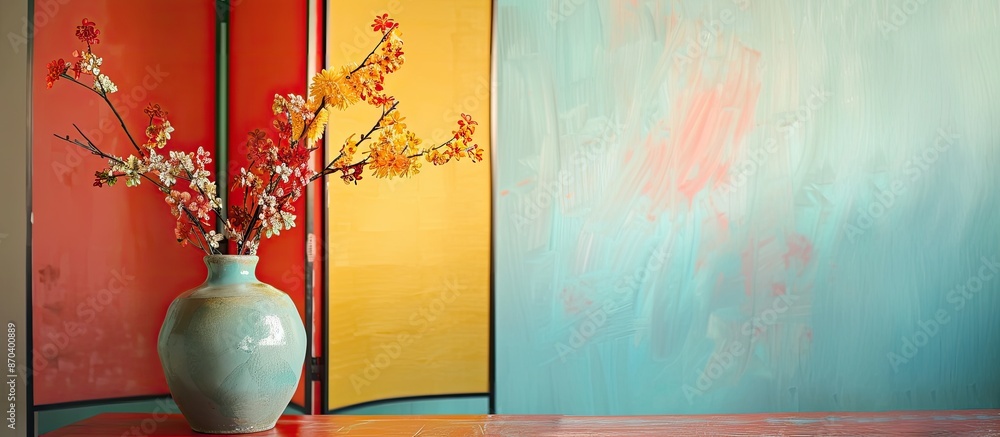 Poster decorative folding screen and vase with flowers displayed on a table against a colorful wall in a ro