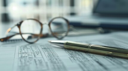 Close-up of eyeglasses and a pen on a financial document, representing business, finance, analysis, and office work.